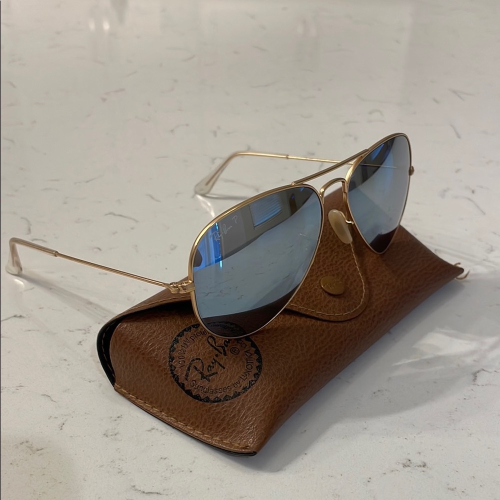Ray-Ban Gold Aviator Sunglasses with Blue Polarized Lenses